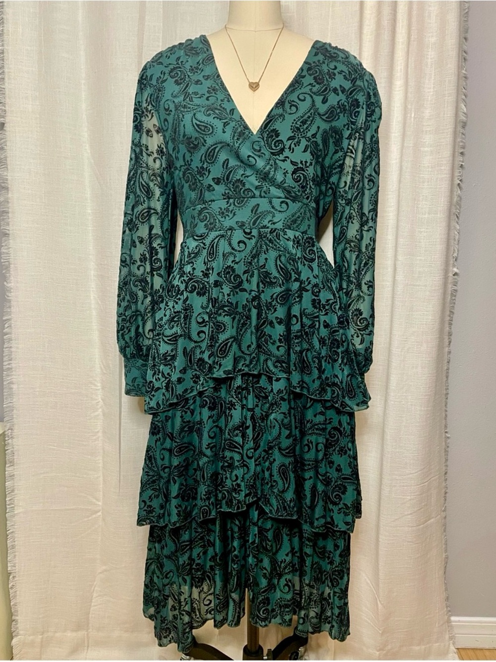 Ember - Teal and Black Paisley Maxi Dress Long Sleeve V-Neck - Size M